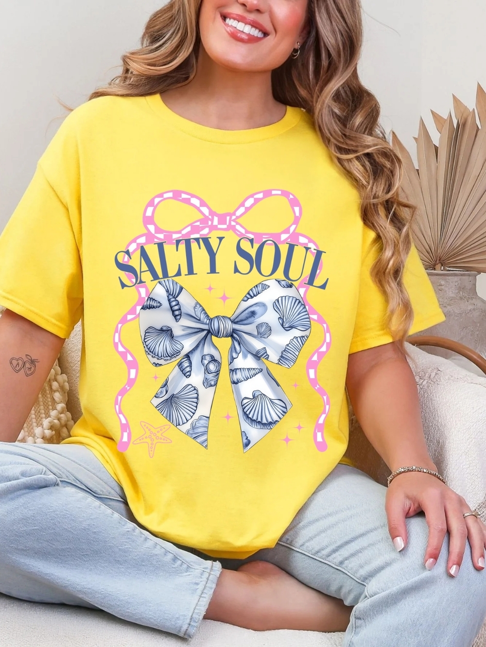 Gildan Yellow "Salty Soul" Graphic Tee with Shell Bow